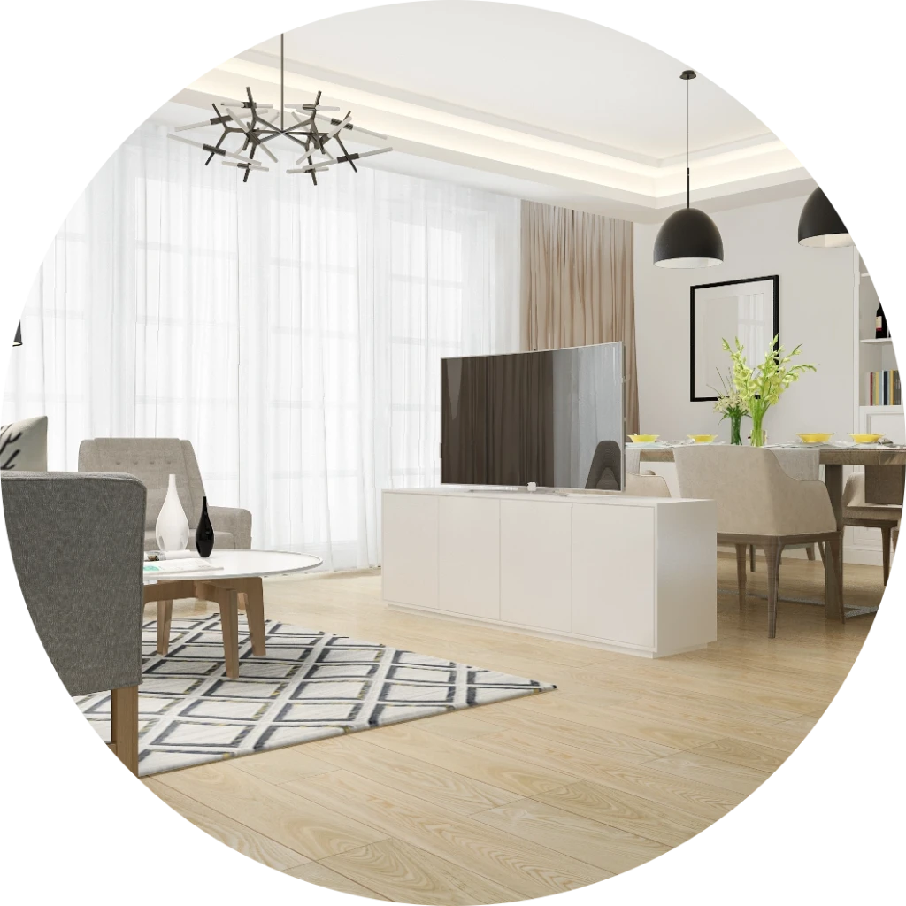 Helles Wohnzimmer mit weißem Sideboard, Fernseher und Essbereich im Hintergrund